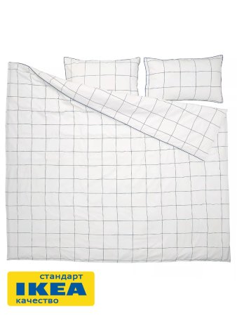 Пододеяльник 2-сп., 2 наволочки БРЭТВАЛИЯ (ИКЕА BREDVECKLARE) 200x200/50x70, белый/синий, миткаль KL-47519563. Интернет магазин Гранд Багаж 