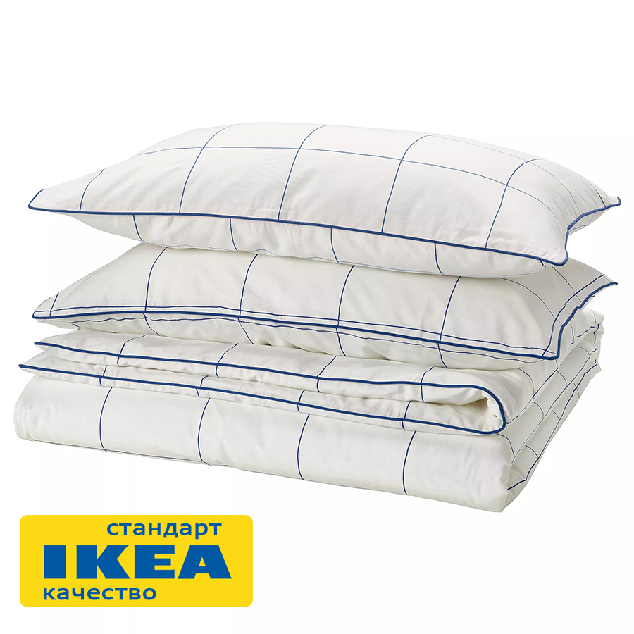 Пододеяльник 2-сп., 2 наволочки БРЭТВАЛИЯ (ИКЕА BREDVECKLARE) 200x200/50x70, белый/синий, миткаль KL-47519563