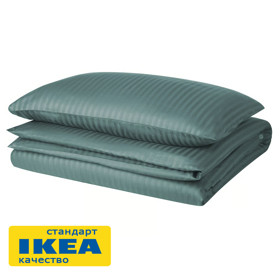 Пододеяльник 1,5-сп., наволочка НАТЕСМИО (ИКЕА НАТТЭСМИН) 150x200/50x70, темно-бирюзовый страйп, сатин KL-87610975