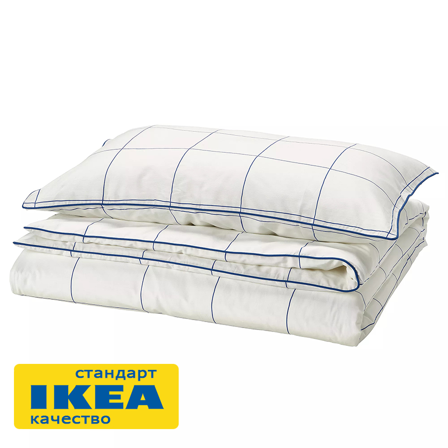 Пододеяльник 1,5-сп., наволочка БРЭТВАЛИЯ (ИКЕА BREDVECKLARE) 150x200/50x70, белый/синий, миткаль KL-67158340
