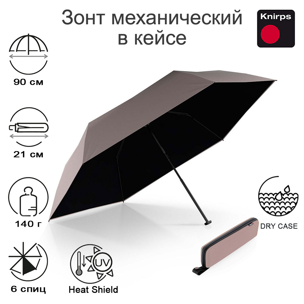 Зонт Knirps механический X4U ultra light slim manual PEARL WITH BLACK HEAT SHIELD WITH EVA CASE 95 6030 89223