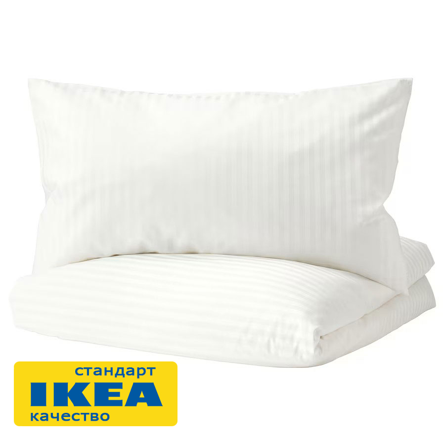 Пододеяльник 1,5-сп., наволочка без ушек НАТЕСМИО (ИКЕА НАТТЭСМИН) 145x215/50x70, белый страйп, сатин KL-07445462