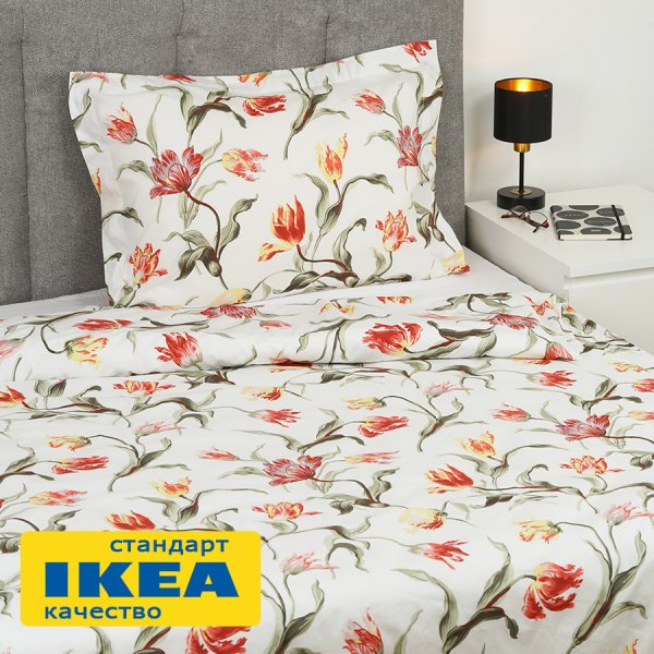 Пододеяльник 1,5-сп., наволочка ОЛАНТОР (ИКЕА ÅLANDSROT) 150x200/50x70, цветочный принт/белый, поплин KL-20541120. Интернет магазин Гранд Багаж 