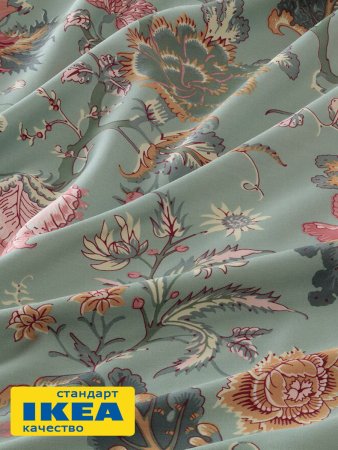 Простыня на резинке АСЕЛИЯ (ИКЕА NÄSSELKLOCKA) 160x200, цветочный/серо-зеленый, сатин KL-30522637. Интернет магазин Гранд Багаж 