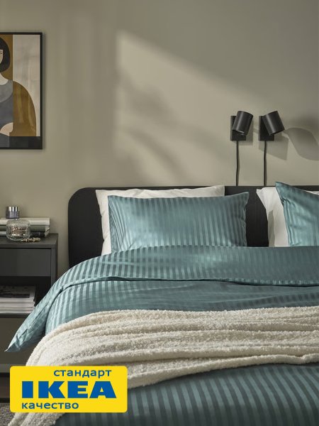 Пододеяльник 2-сп., 2 наволочки НАТЕСМИО (ИКЕА НАТТЭСМИН) 200x200/50x70, темно-бирюзовый страйп, сатин KL-47758789. Интернет магазин Гранд Багаж 