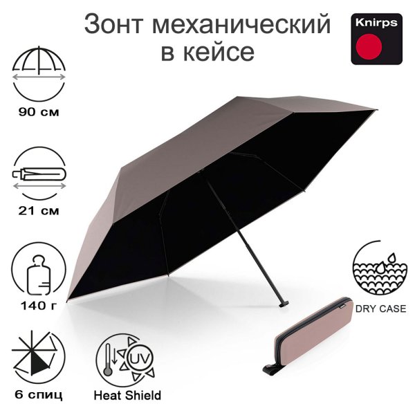 Зонт Knirps механический X4U ultra light slim manual PEARL WITH BLACK HEAT SHIELD WITH EVA CASE 95 6030 89223