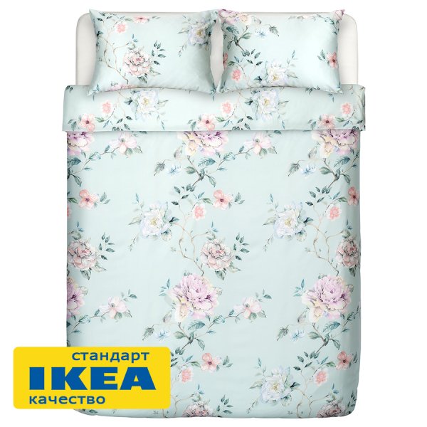 Пододеяльник евро макси (на пуговицах), 2 наволочки ПЛАТАН (ИКЕА ПЛАТТМАЛ) 220x240/50x70, цветочный орнамент/мятный, сатин KL-66004587. Интернет магазин Гранд Багаж 