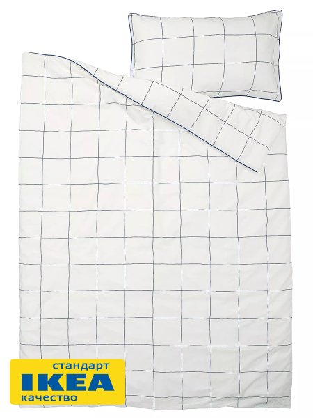 Пододеяльник 1,5-сп., наволочка БРЭТВАЛИЯ (ИКЕА BREDVECKLARE) 150x200/50x70, белый/синий, миткаль KL-67158340. Интернет магазин Гранд Багаж 