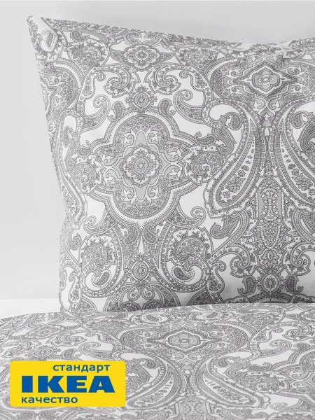 Пододеяльник 2-сп., 2 наволочки ТЕЯВАЛА (ИКЕА ЙЭТТЕВАЛЛМО) 200x200/50x70, белый/серый принт, поплин KL-70406134. Интернет магазин Гранд Багаж 