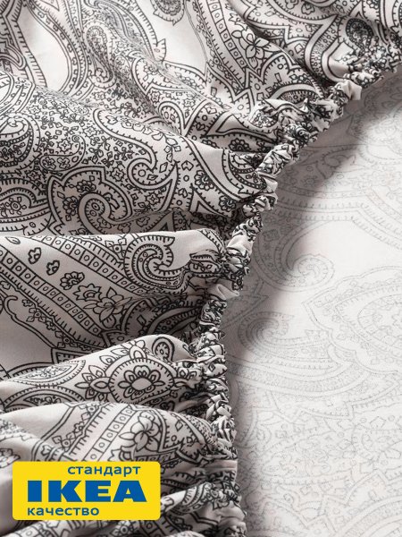 Простыня на резинке ТЕЯВАЛА (ИКЕА ЙЭТТЕВАЛЛМО) 160x200, белый/серый принт, поплин KL-436592. Интернет магазин Гранд Багаж 