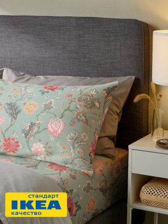 Простыня на резинке АСЕЛИЯ (ИКЕА NÄSSELKLOCKA) 160x200, цветочный/серо-зеленый, сатин KL-30522637. Интернет магазин Гранд Багаж 