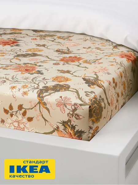 Простыня на резинке АСЕЛИЯ (ИКЕА NÄSSELKLOCKA) 90x200, цветочный принт/бежевый, сатин KL-27677214. Интернет магазин Гранд Багаж 