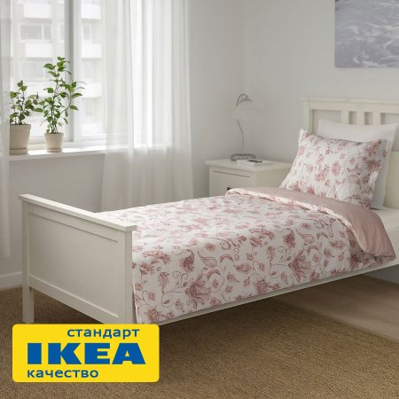 Пододеяльник 1,5-сп., наволочка БЛОМА (ИКЕА КЮССБЛОММА) 150x200/50x70, цветочный орнамент/в полоску, бязь KL-90534927. Интернет магазин Гранд Багаж 