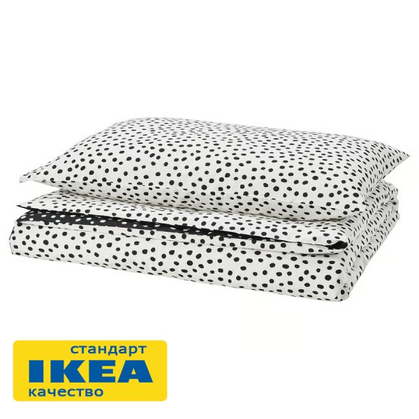 Пододеяльник 1,5-сп., наволочка БИОНИЯ (ИКЕА BJÖRKGRÅMAL) 150x200/50x70, белый/черный горошек KL-77441741