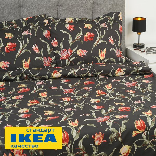 Пододеяльник 2-сп., 2 наволочки ОЛАНТОР (ИКЕА ÅLANDSROT) 200x200/50x70, цветочный принт/черный, поплин KL-50554915. Интернет магазин Гранд Багаж 