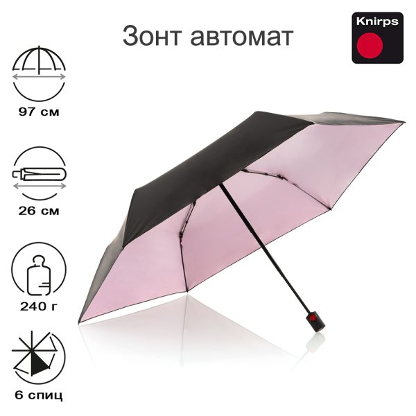Зонт Knirps автомат U.200 Ultra Light Medium Duomatic BLACK WITH ROSE COATING INSIDE UV PROTECTION HEATSHIELD 95 2200 1009