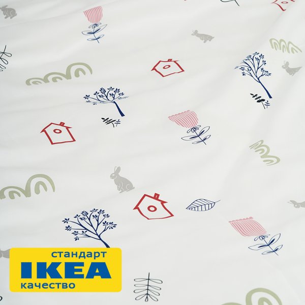 Пододеяльник 2-сп., 2 наволочки с ушками ЛУЛЕО ( LULEÅ ) 200x200/50x70, белый/принт домики, сатин KL-55469825. Интернет магазин Гранд Багаж 