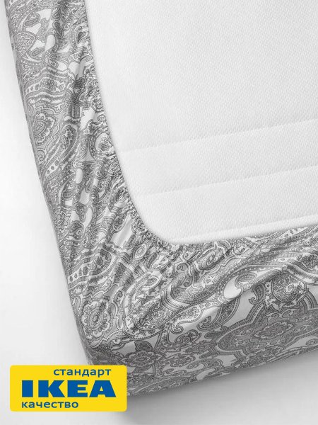 Простыня на резинке ТЕЯВАЛА (ИКЕА ЙЭТТЕВАЛЛМО) 180x200, белый/серый принт, поплин KL-60436594. Интернет магазин Гранд Багаж 