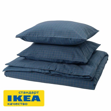 Пододеяльник 2-сп, 2 наволочки ДОРОТЕЯ (ИКЕА DOFTAKLEJA) 200x200/50x70, темно-синий в светло-бежевую полоску/клетку KL-47838946. Интернет магазин Гранд Багаж 