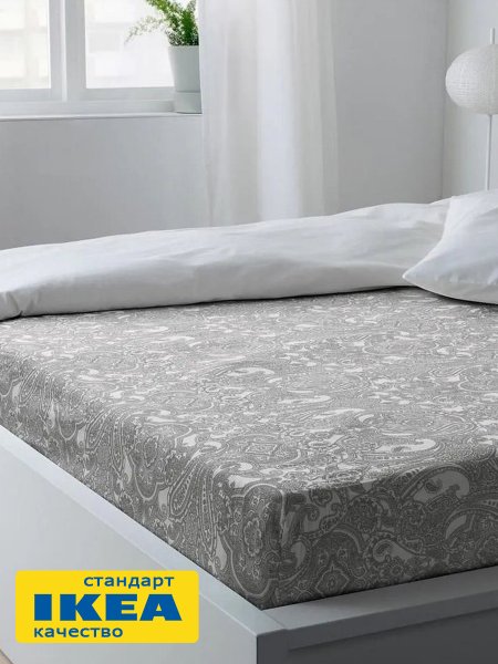Простыня на резинке ТЕЯВАЛА (ИКЕА ЙЭТТЕВАЛЛМО) 160x200, белый/серый принт, поплин KL-436592. Интернет магазин Гранд Багаж 