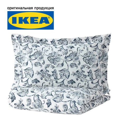 Пододеяльник 1,5 спальный, наволочка IKEA ЮНИМАГНОЛИЯ 150x200/50x70, белый/темно-синий, поплин IK-50493288
