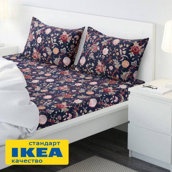 Простыня на резинке АСЕЛИЯ (ИКЕА NÄSSELKLOCKA) 160x200, темно-синий/цветочный принт, сатин KL-95628474. Интернет магазин Гранд Багаж 
